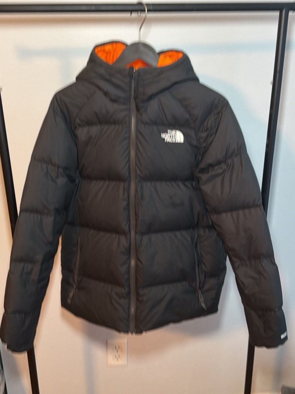 The North Face Black Puffer Jacket with Orange Hood Lining reversible sz 18/20